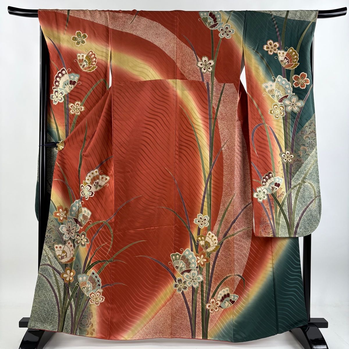 振袖 身丈161cm 裄丈67.5cm L 袷 落款 蝶 桜 金彩 赤茶 正絹 秀品