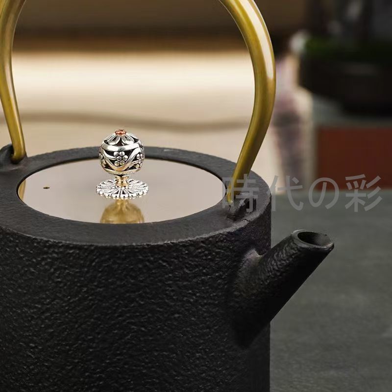 古鉄 持ち手 唐草 銀象嵌 瓶 注器 鉄瓶 銀摘 金縁朱塗蓋(K-XA812) 古鉄 持ち手 唐草 銀象嵌 瓶 注器 鉄瓶 銀摘 金縁朱塗蓋(