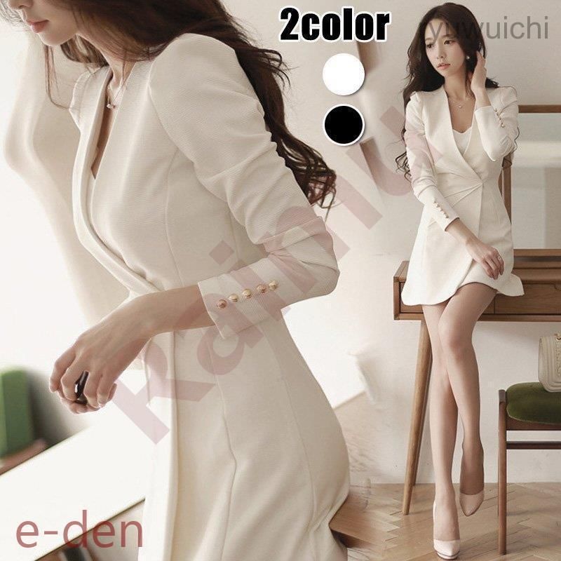 スーツワンピース レディース 秋 長袖ブレザー ショット丈ワンピース 黒 白スーツ 40代 韓国風 大人 細身 通勤 オシャレ30代 50代
