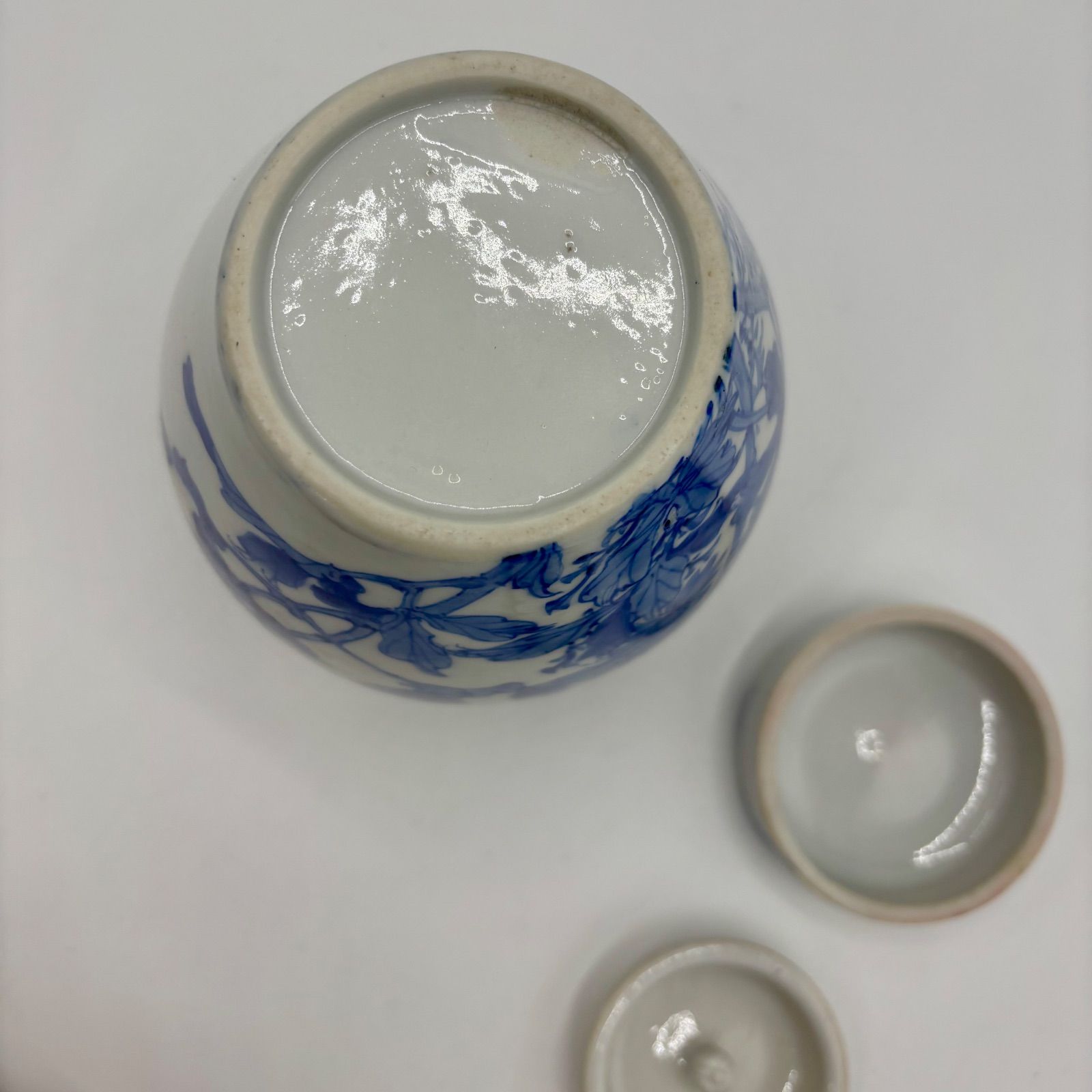 古染　蓋付壺　送料込み1201 茶壺】瀬戸染付 蓋付き 茶壺 高さ16cm 古陶磁 青花 花文様