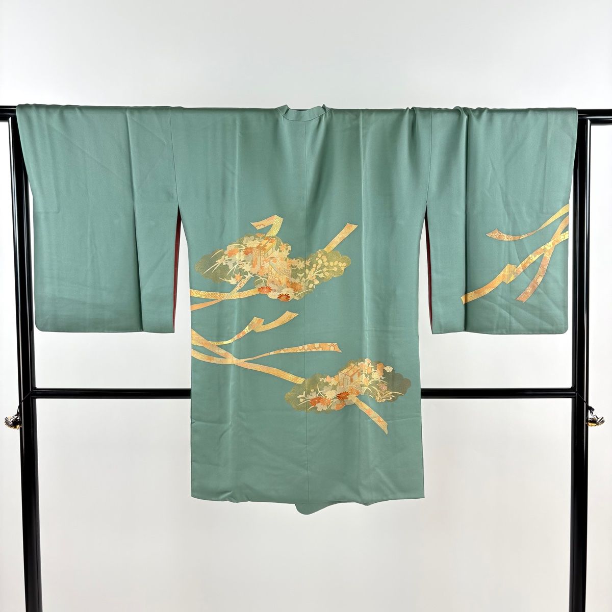 道行 身丈91cm 裄丈68cm L 和装コート 角衿 雲文 御所車 金彩 灰緑 正絹 秀品