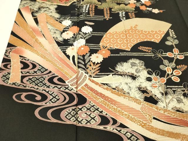 平和屋着物□豪華黒留袖 駒刺繍 地紙御所車草花文 金彩 正絹