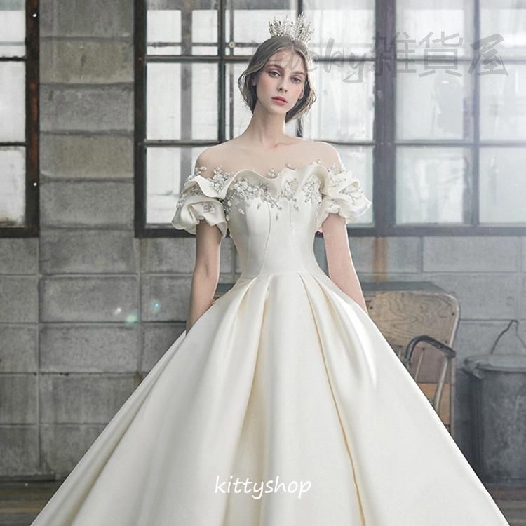 ウェディングドレス サテン ドレス 感 結婚式ドレス 二次会ドレス 花嫁ドレス Aライン ロングドレス ウェディングドレス 袖あり 白 海