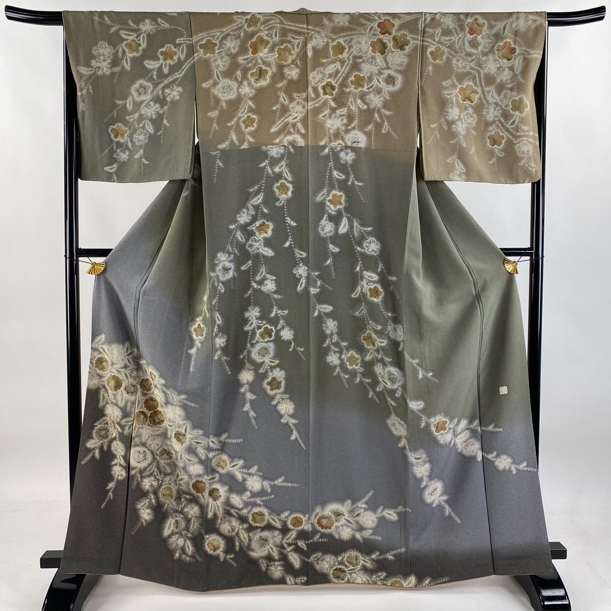 訪問着 身丈164cm 裄丈65cm M 袷 草花 ぼかし 染め分け 茶緑色 正絹 名品