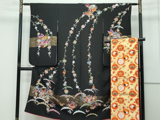 平和屋着物 上 七五三 女の子 7歳 祝着 帯セット 花蝶毬文 黒地 金彩 CZAA3369s5