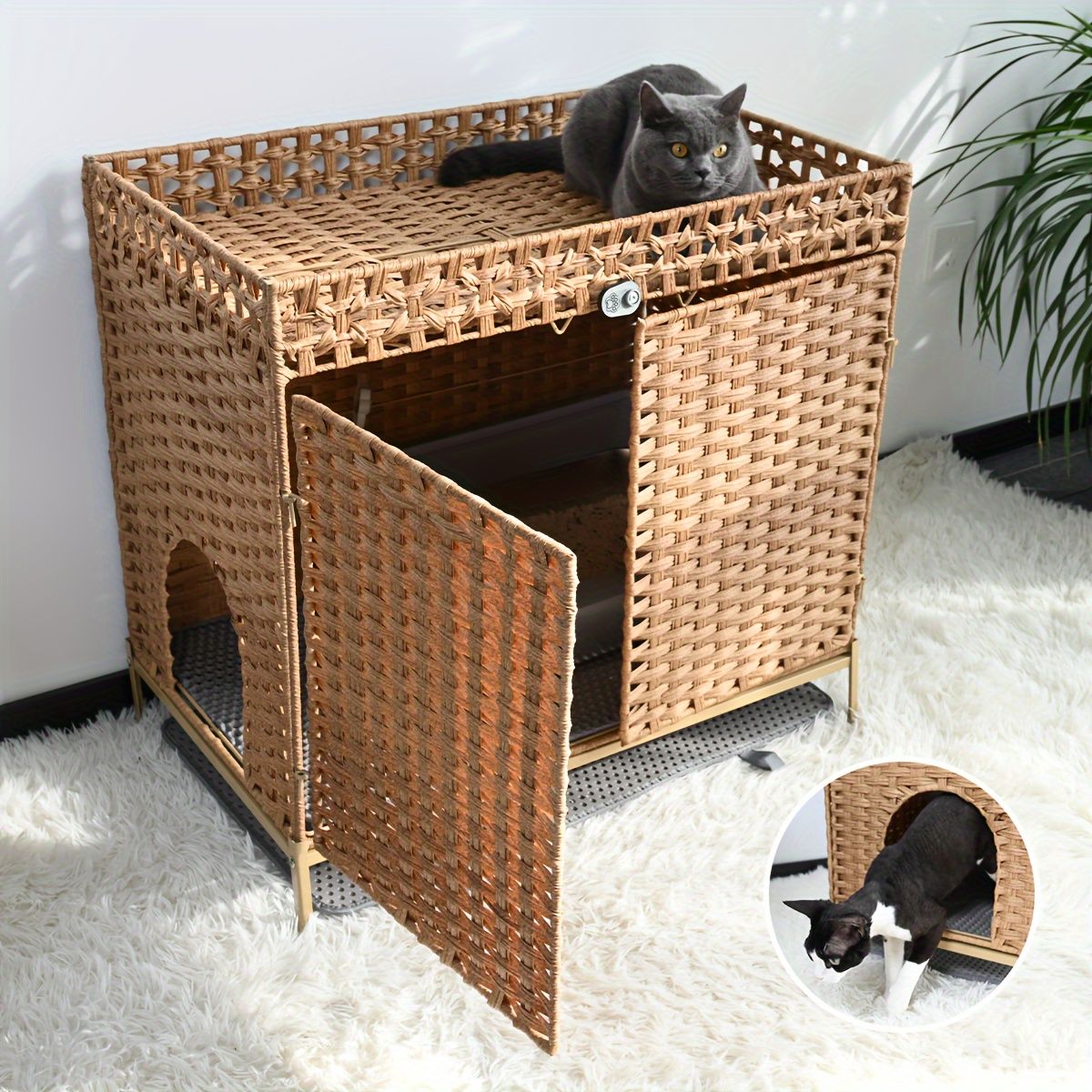 発送猫用トイレセット 猫用トイレ 籐製猫用トイレ 猫用トイレボックス 猫用トイレ家具 猫用家具 トイレ収納 隠せる猫用トイレ 猫砂飛び散り防止 臭い軽減 おしゃれな収納付き 室内装飾 籐製 高さ7