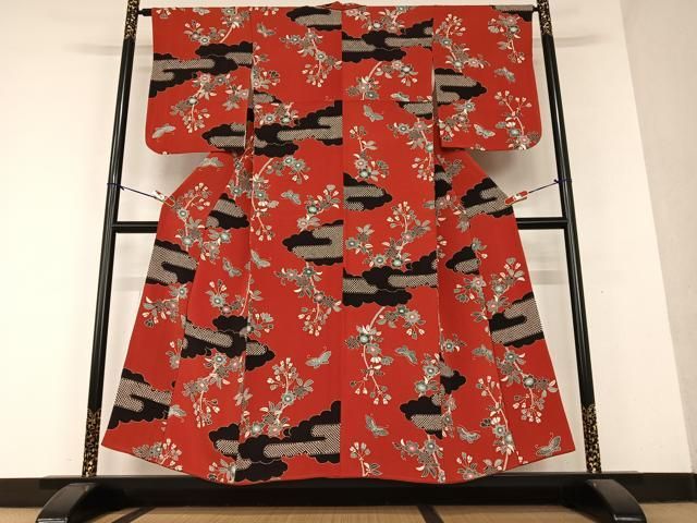 平和屋着物○紅型 小紋 雲重ね花蝶文 鬼しぼ縮緬 正絹 逸品
