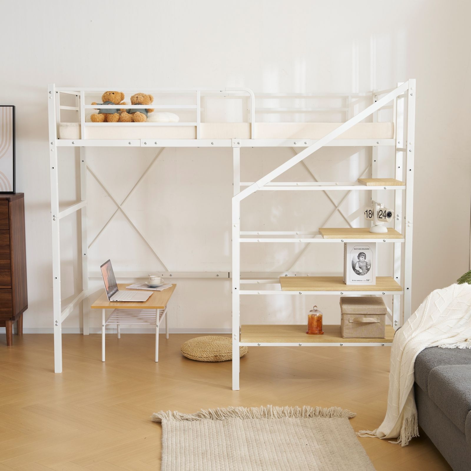 S ロフトベッド 階段付き S パイプベッド シングル 収納 スチール 耐震