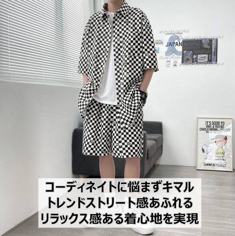 チェック柄 セットアップ メンズ 半袖 上下セット ゆったり t