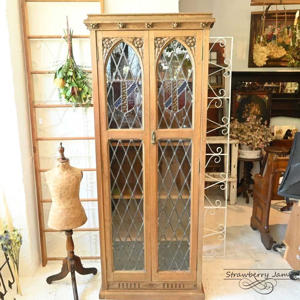 L3612-93 英国アンティーク オーク ガラスキャビネット 食器棚 本棚
