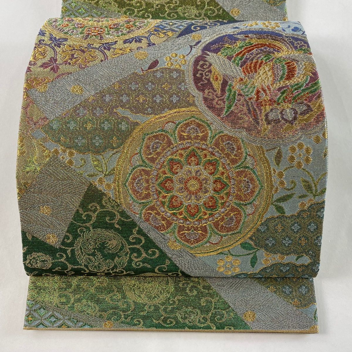 袋帯 美品 秀品 鳳凰 草花 金銀糸 箔 薄緑 六通 正絹 【中古】 袋帯 秀