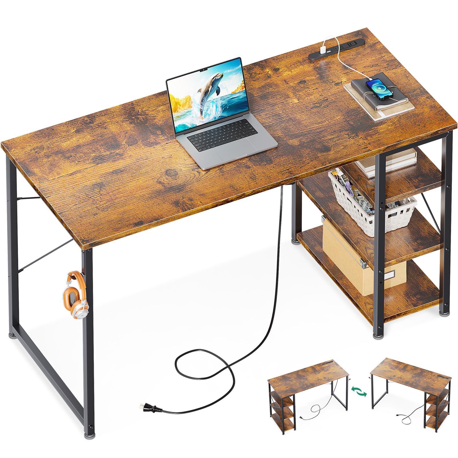 KKL デスク パソコンデスク ゲーミングデスク 幅120cm×奥行40cm ラック付きデスク コンセント付き PC机 オフィス ゲーム 収納ラック 子 勉強机 学習机 ban hc 左右入替可 ビンテージ