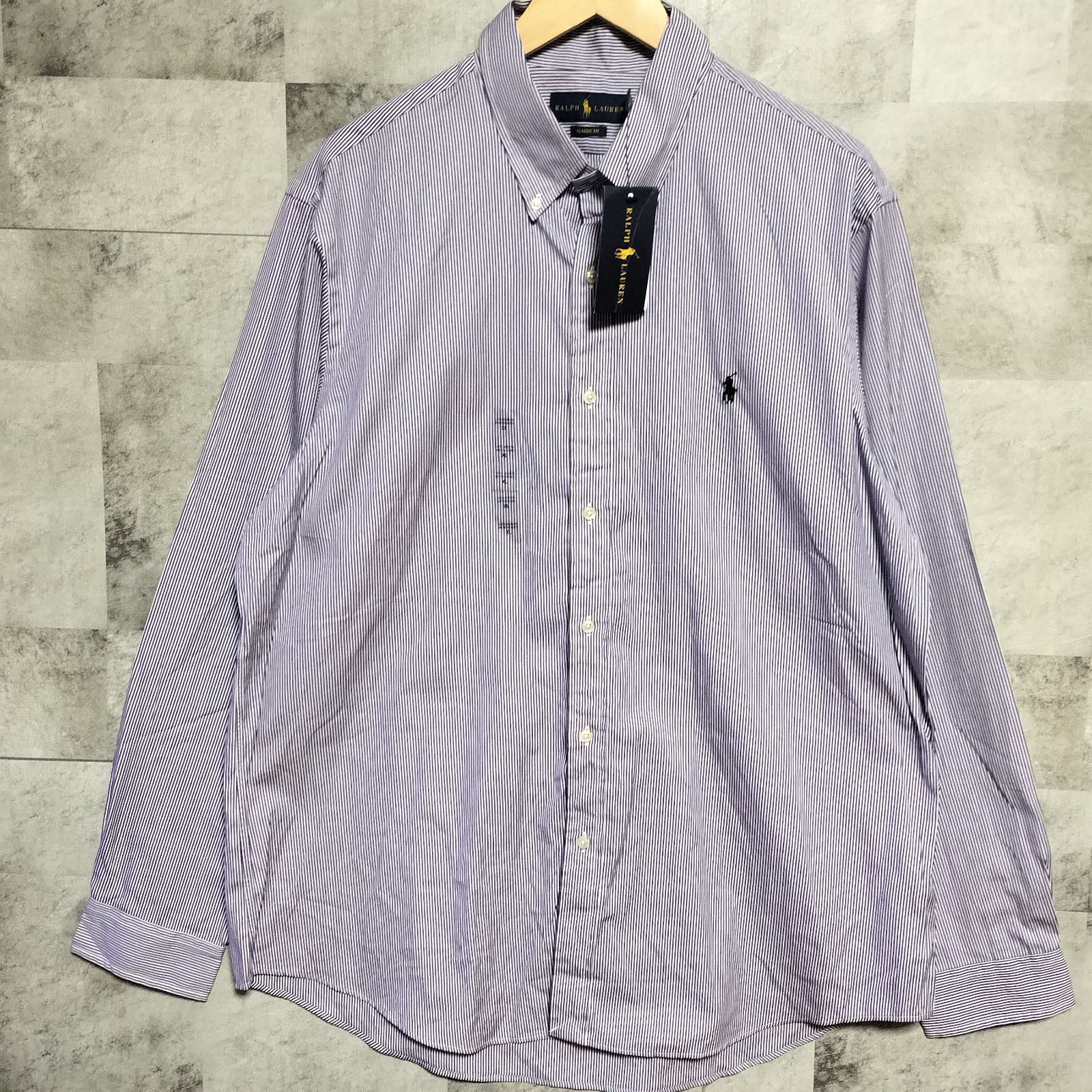 ♥品 POLO RALPH LAUREN ストライプ 長袖シャツ XLサイズ パープル 紫 綿 コットン ロゴ刺繍 ボタンダウンシャツ ビック