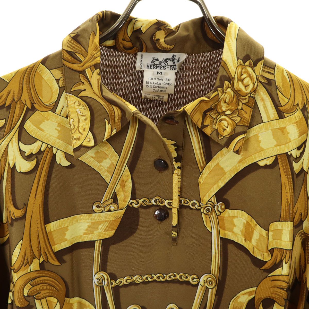 HERMES エルメス イタリア製 オールド 総柄 長袖 ニット切り替え シャツ M ブラウン レディース HERMES エルメス イタリア製 オールド 総柄 長袖 ニット切り替え