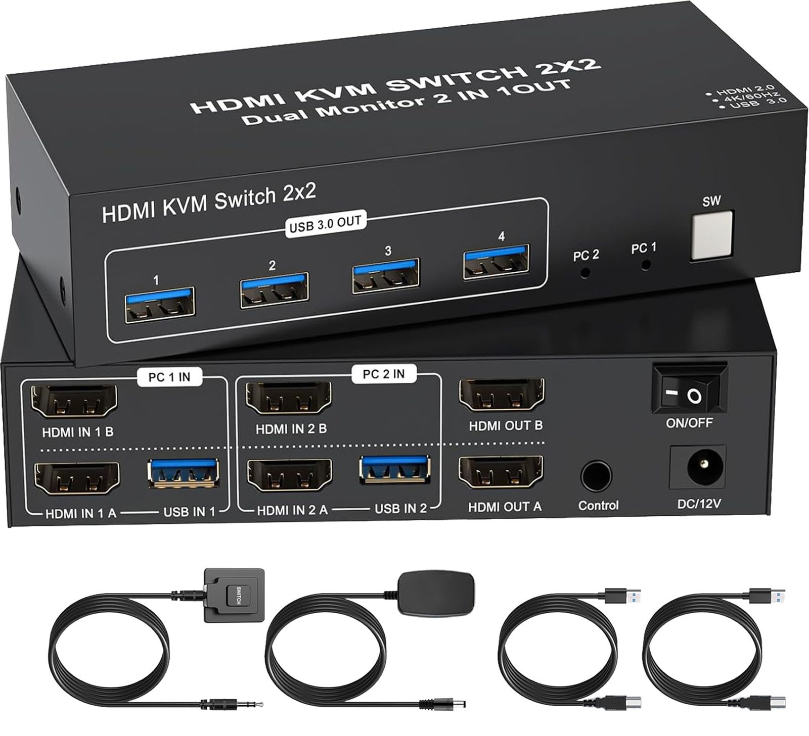 2PC 切替 2モニター 同時出力 HDMI KVM 切替器 デュアルモニター 2画面 同時 4K 60Hz デュアル ディスプレイ HDMI 切替器 4つUSB3.0 ハブ付き KVM スイッチャー キーボード マウス プリンター スキャナー共有 デ