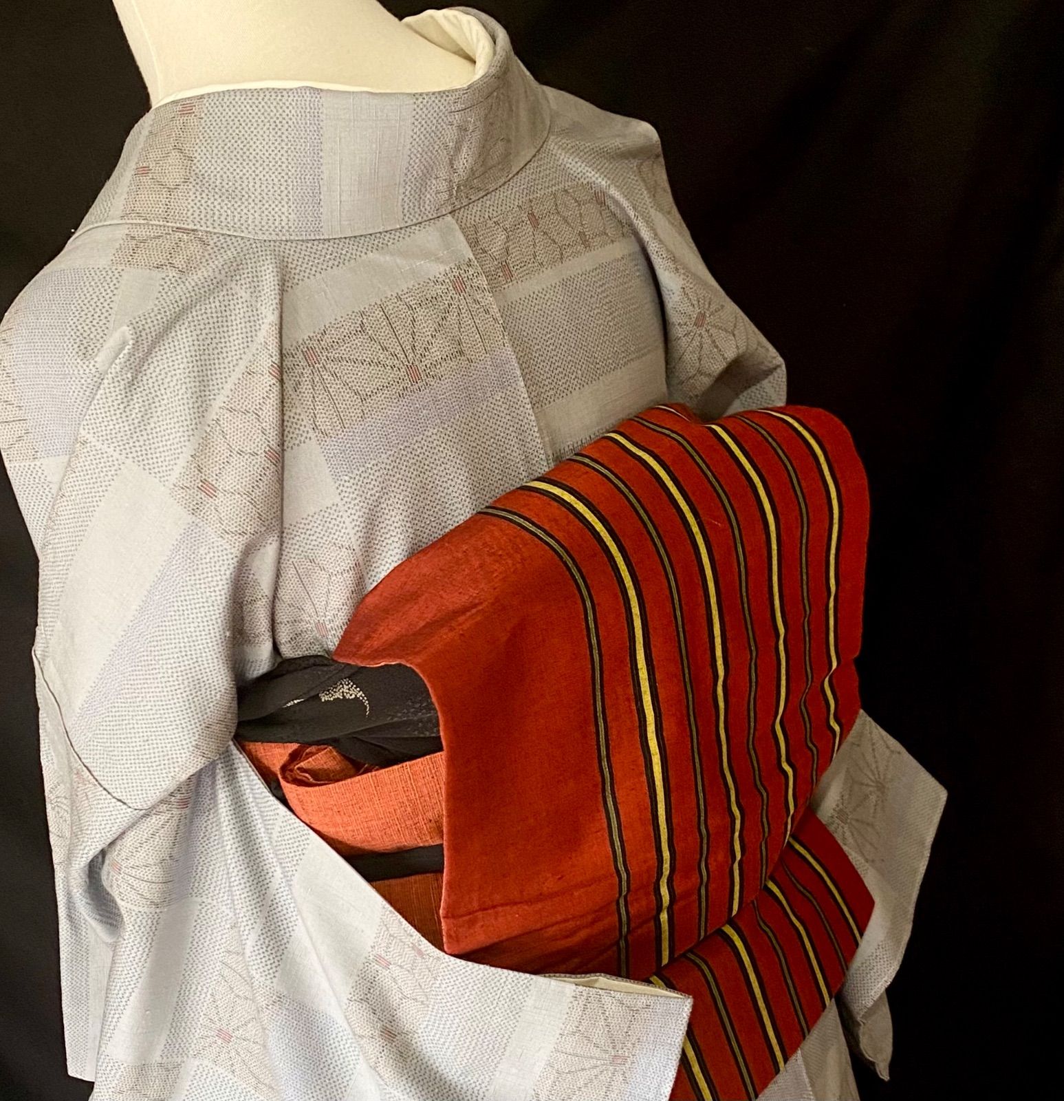 赤茶に縞紬の袋帯〉SALE トールリバーシブル全通縞の帯軽い手織り普段  