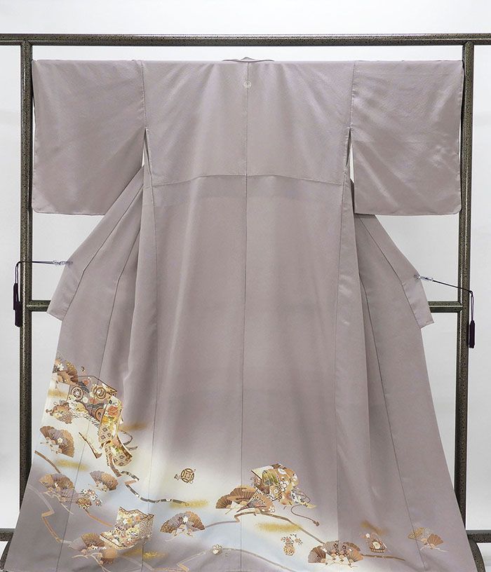 色留袖 正絹 吉祥扇面几帳 身丈166cm 裄丈68.5cm 丸に五三の桐 一つ紋 未着用 新古品 着物 フォーマル レディース f4028