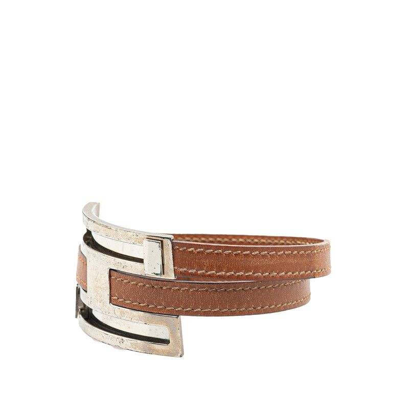 HERMES　エルメス　シルバー×ブラウン　プスプス　バングル　ブレスレット エルメス プスプス ブラウン シルバー レザー メタル レディース