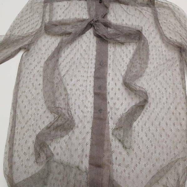 LANVIN PARIS ランバン ナイロン 長袖 袖ジップ メッシュ ボウタイ 比翼 ブラウス シャツ アルベールエルバス KHAKI 42 ランバン 袖ジップ メッシュ ボウタイ ブラウス シャツ