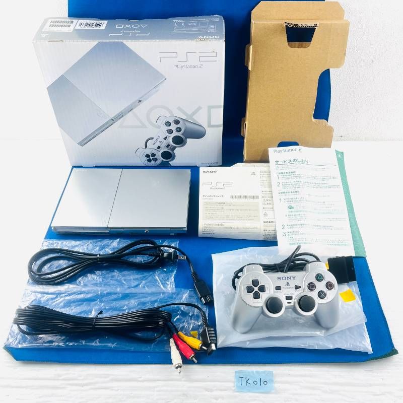 TK010 完品 すぐ遊べるセット SONY PS2 シルバー 薄型 SCPH-90000 ソニー playstation プレステ2 プレイステーション2 本体 コントローラー デュアルショック2 ケーブル類 取扱説明書 箱あり