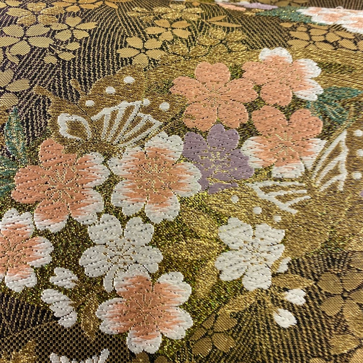 袋帯 秀品 扇面 蝶 金糸 唐織 茶紫 六通 正絹