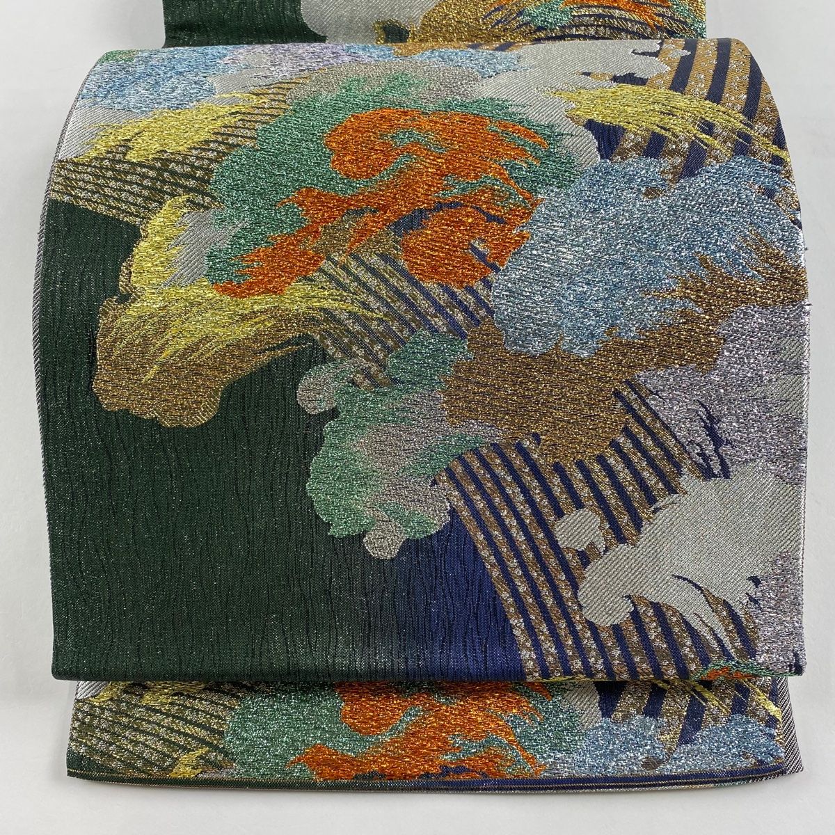 袋帯 秀品 振袖向き 波頭 金銀糸 箔 深緑 六通 正絹