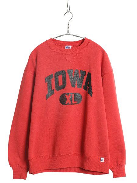 90s ラッセル 2段 カレッジ プリント スウェット メンズ レディース XL アイオワ トレーナー 前V 裏起毛 大きいサイズ 赤