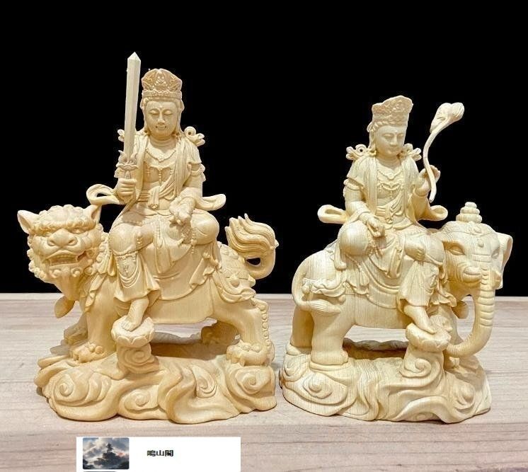 天然木 木彫仏像 文殊菩薩 普賢菩薩 座像 檜木 一式 彫刻