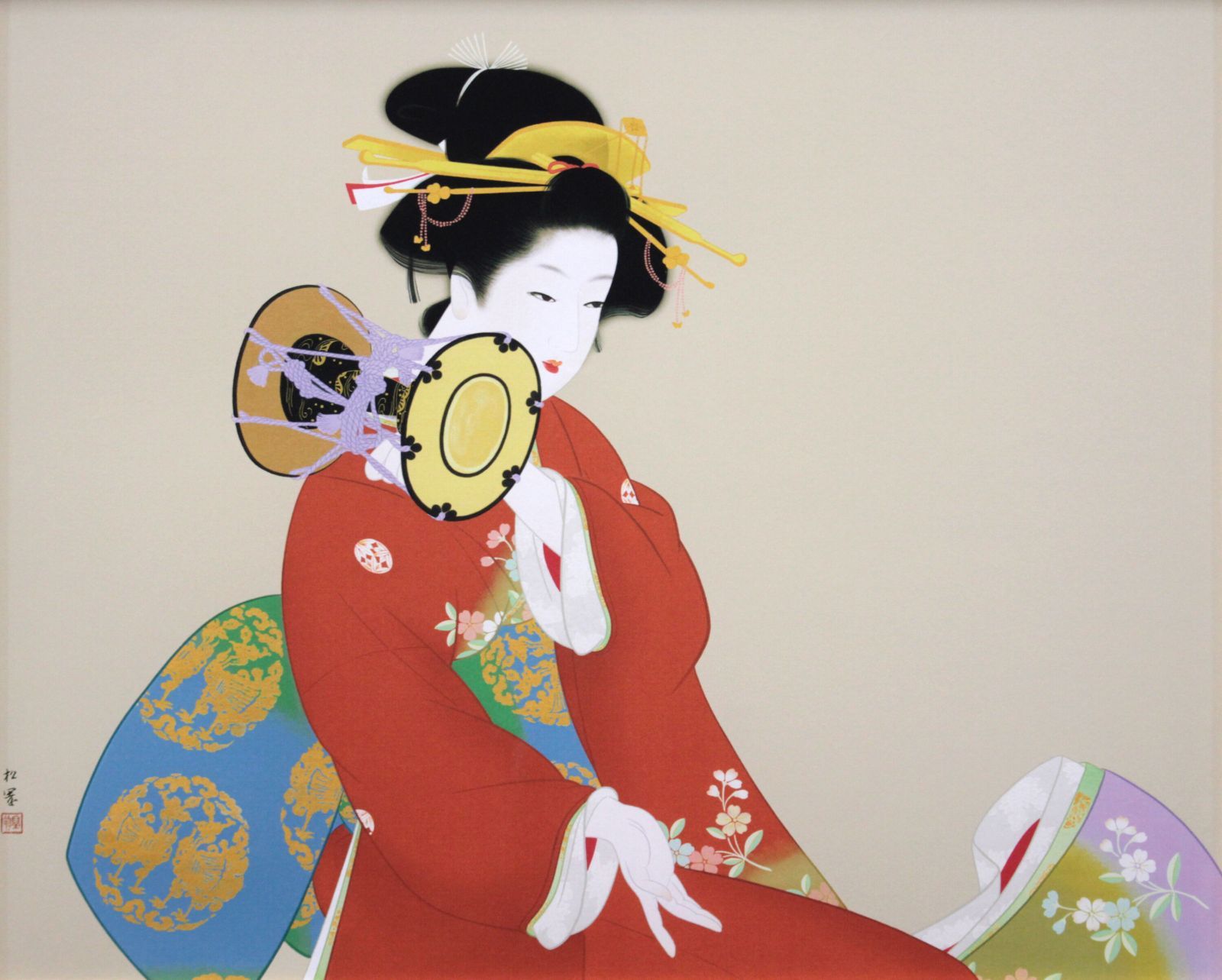 上村松園 「鼓の音（つづみのね）」 シルクスクリーン 版画 絵画