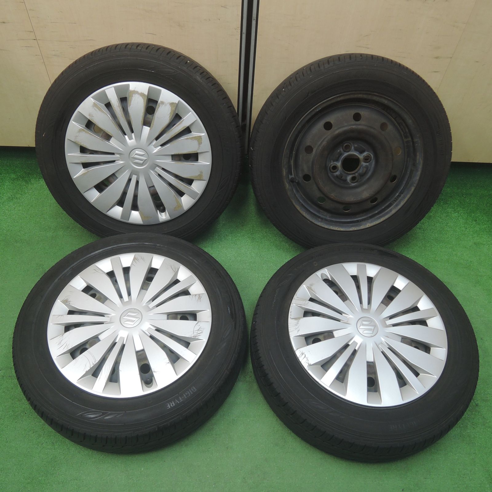 *送料無料* バリ溝！9分スズキ スイフト 純正 スチール 175/65R15 ダンロップ EC202 15インチ PCD100/4H4022702SYノ