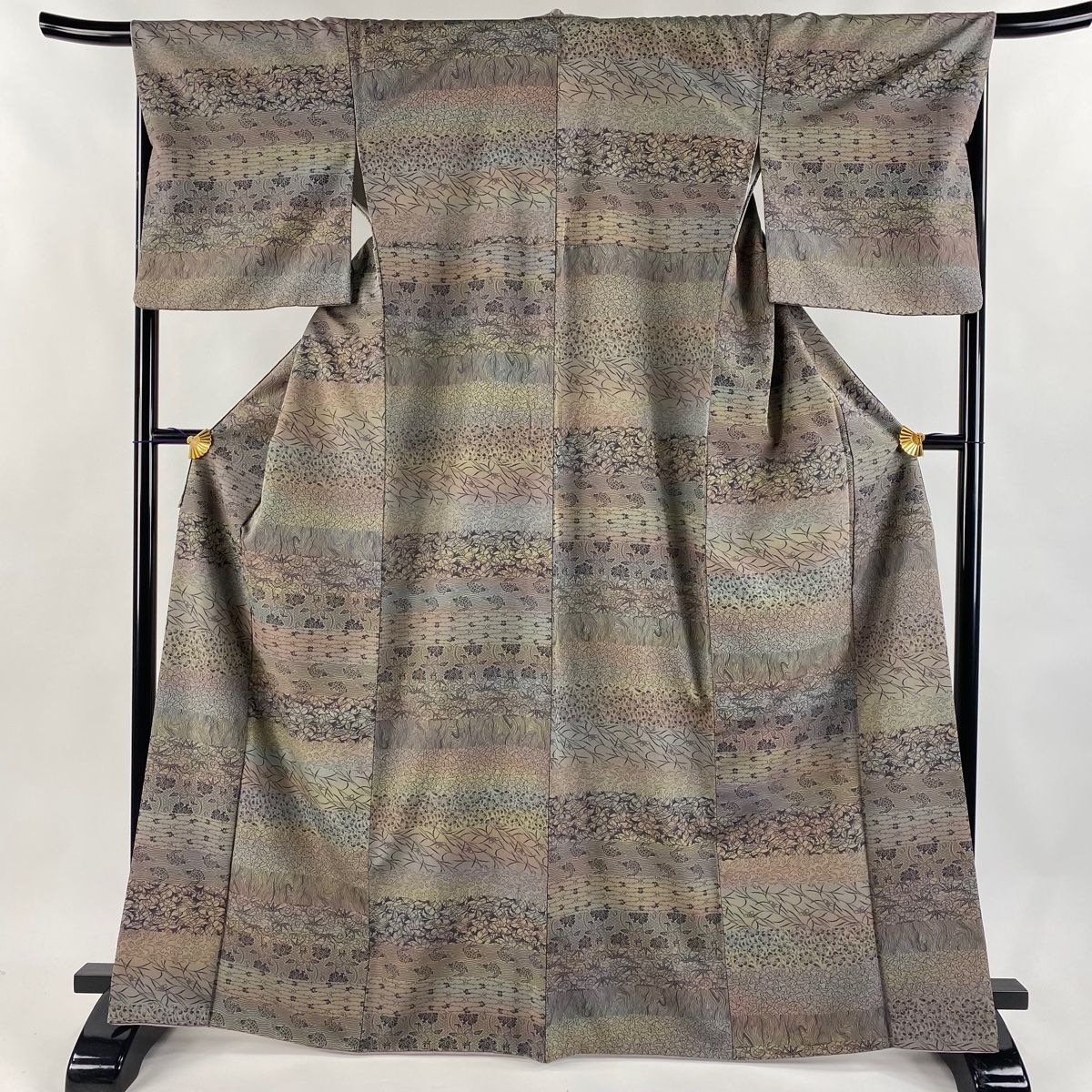 お召 身丈167cm 裄丈68cm L 袷 寄せ柄 荒磯 灰茶 正絹