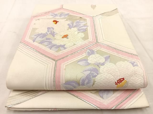 平和屋着物◎六通柄袋帯 唐織 亀甲草花文 黒地 金銀糸 正絹