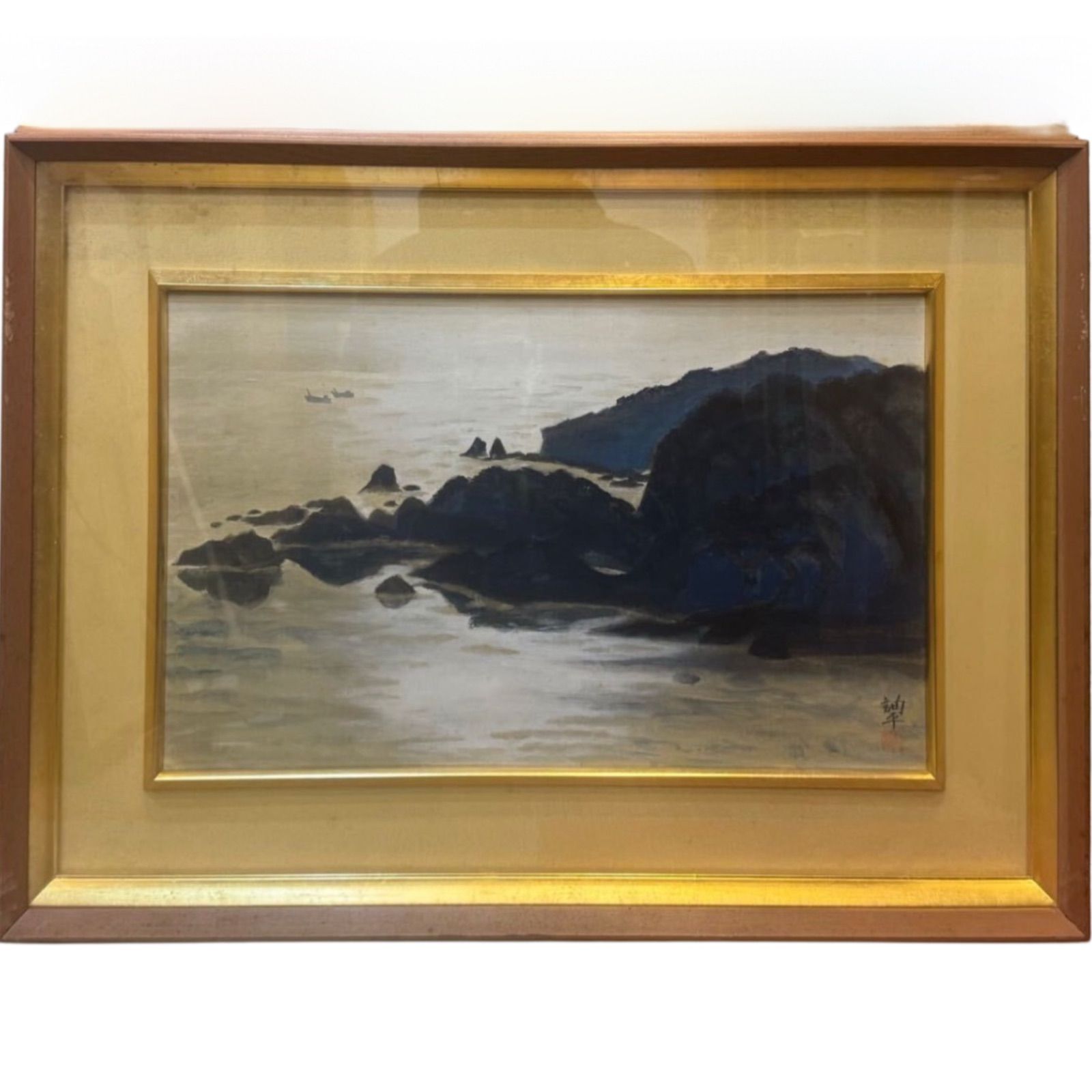 清水詢平 逆光の海 奥石廊崎 日本画 P10号 共箱