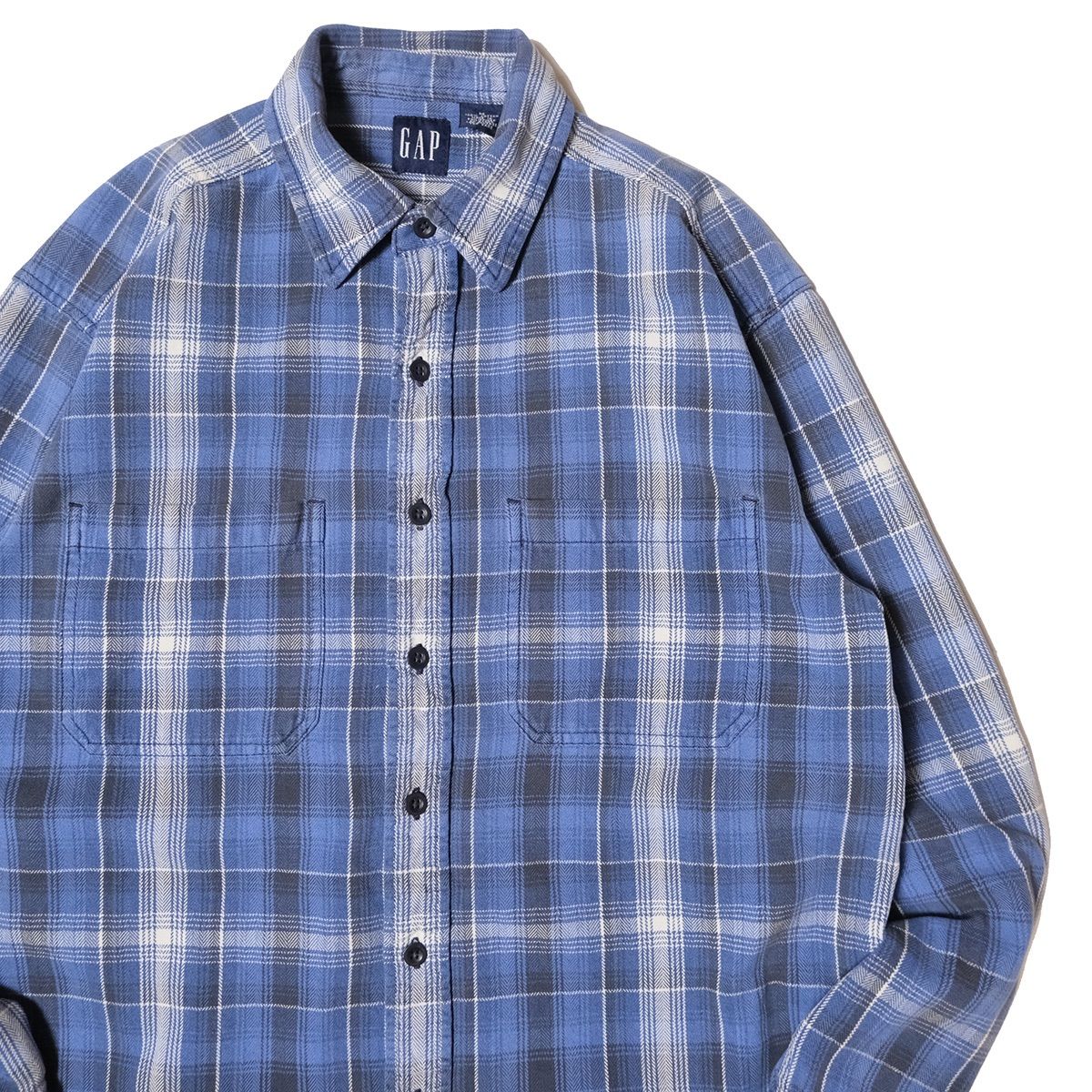 90sOLD GAP オンブレチェック柄 長袖 ネルシャツ ネイビー XL oldGAP