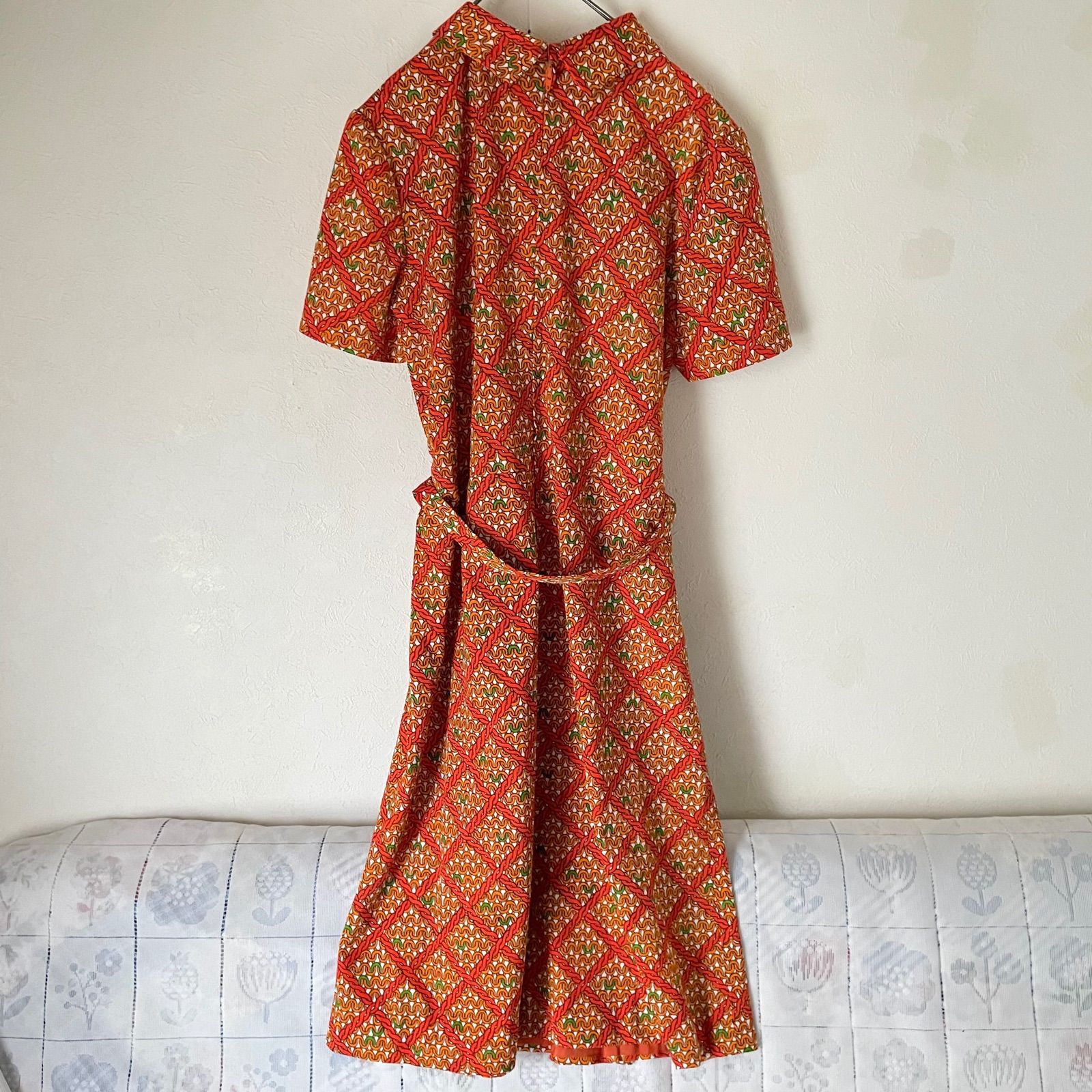 70s MICALADY ミカレディ ベルト付き柄ワンピース 昭和レトロ 