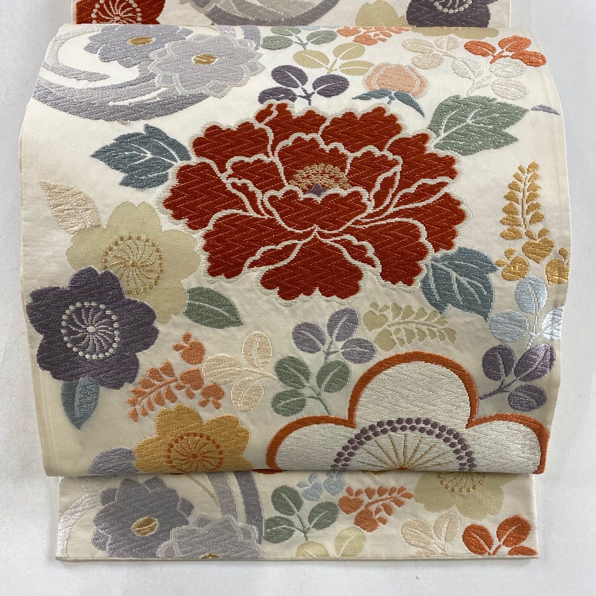 袋帯 秀品 関西仕立て 花丸文 草花 唐織 金糸 クリーム 六通 正絹