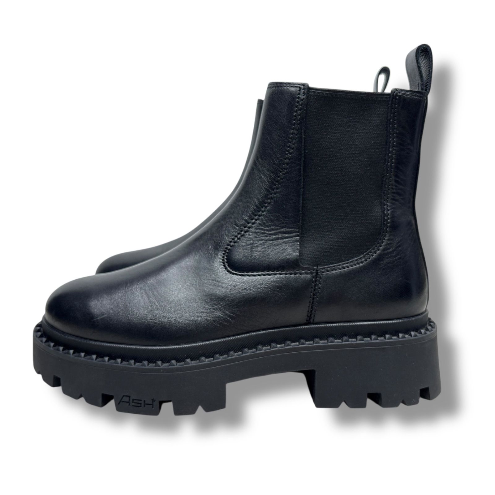  級 ASH アッシュ 22.5 本革 レザー サイドゴアブーツ ブラック 黒 ジェネシス スタッド ワークブーツ トラックソール 厚底 サイドゴアブーツ ブーツ