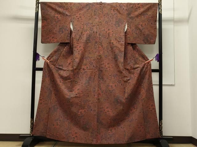 平和屋着物○上質な紬 作家物 藍 型染め 更紗花唐草間