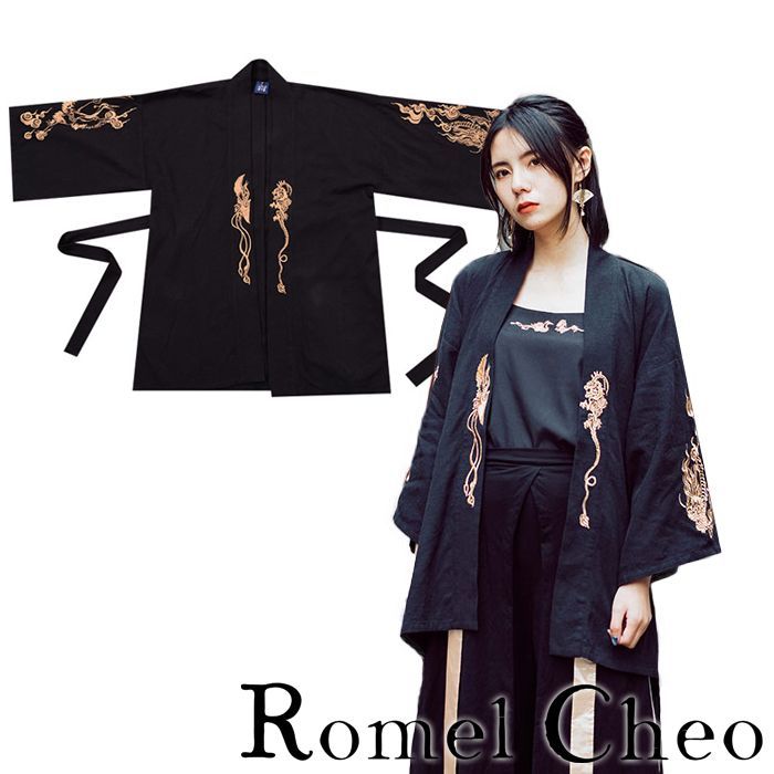 RomelCheo 龍柄刺繍 羽織り 和服 和装 カーディガン チャイナ風 鳳凰 