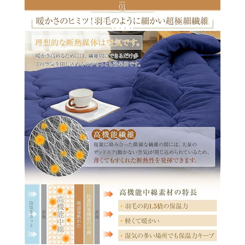 掛け布団 ネイビー シングル 毛布 洗える 吸湿発熱 抗菌防臭 発熱布団 四層