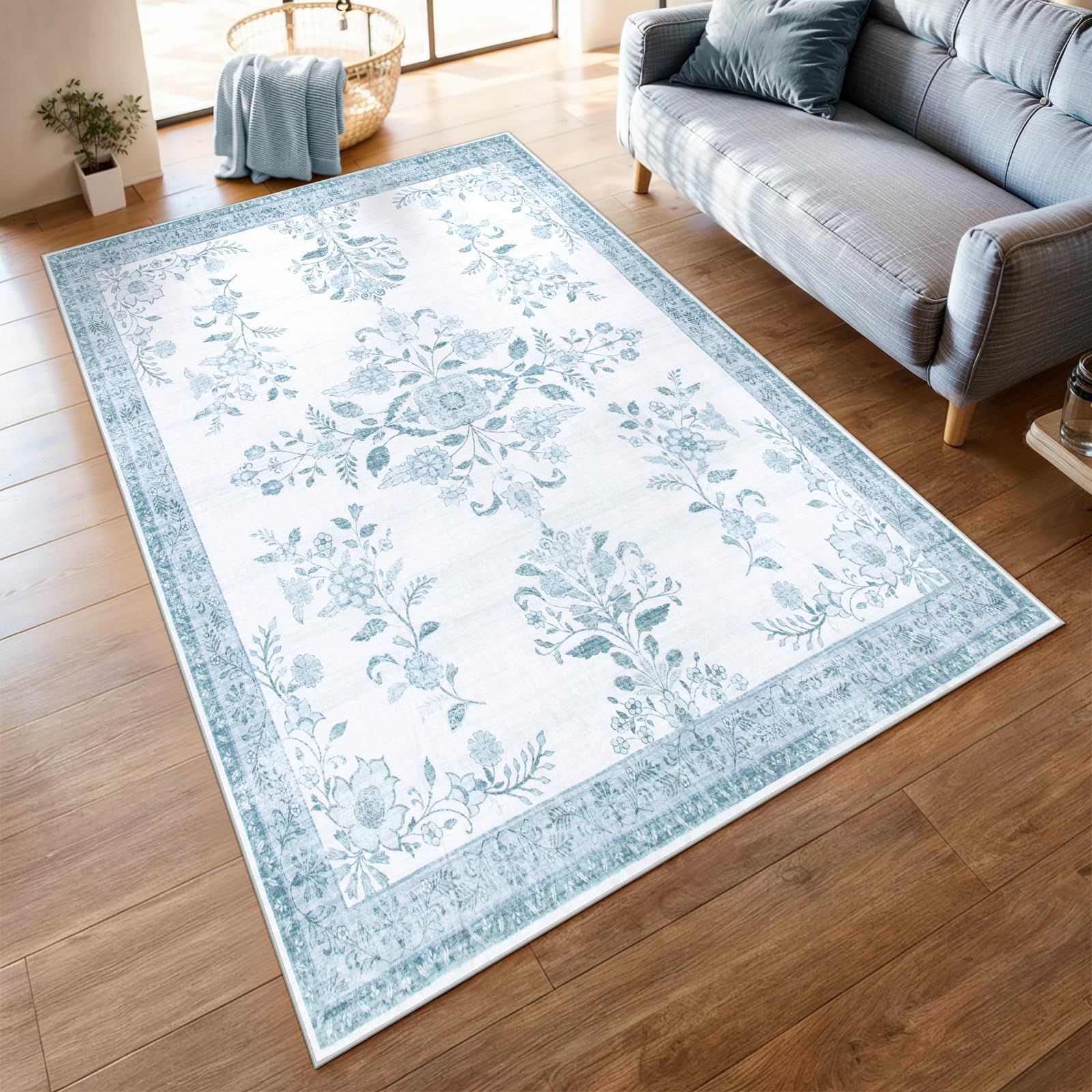 新品 HAOCOO カーペット 洗える 140х200cm ラグ 約1.5畳 オールシーズン適用 ペルシャ風 じゅうたん 滑り止め 低反発 防音 寝室 リビング ラグマット 抗菌防臭 耐磨耗性 軽量 花柄 ブルー