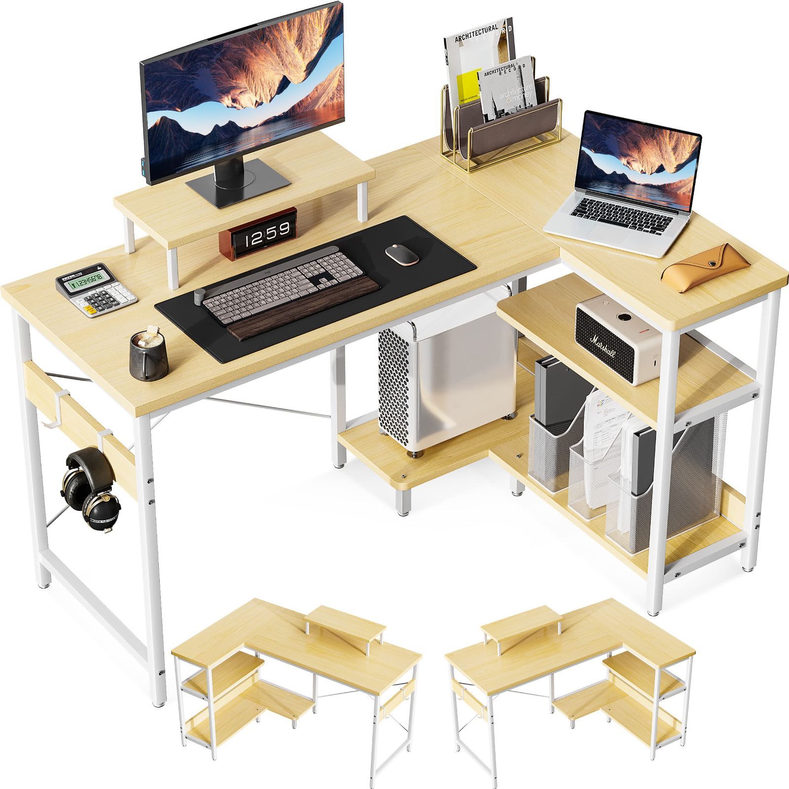 ODK l字デスク パソコンデスク L字型 ゲーミングデスク デスク 机 幅120cm ラック付き コーナーデスク PCデスク 収納 オフィスデスク 省スペース 書斎 在宅勤務 組立簡単 ナチュラル