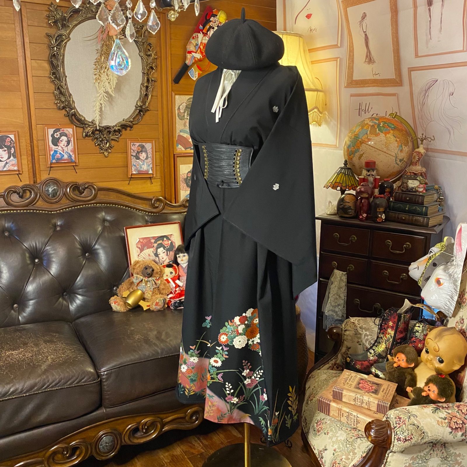 黒留袖 着物 リメイク ワンピース セミロングドレス 和洋折衷 洗える