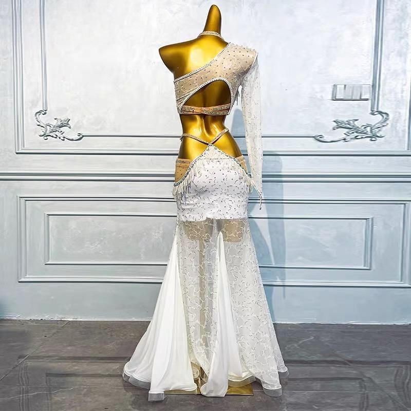 ♥ ベリーダンス オリエンタル衣装 3点セット 透けます ホワイトオーダーメイド オーダーメイド ステージ衣装