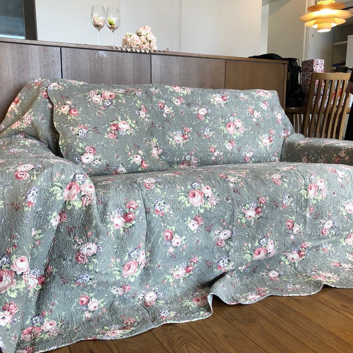 マルチカバー　綿100％　200×200cm　ベッドカバー　ソファ　リバーシブル　刺繍　上品　キルト　グリーン 薔薇　薔薇柄