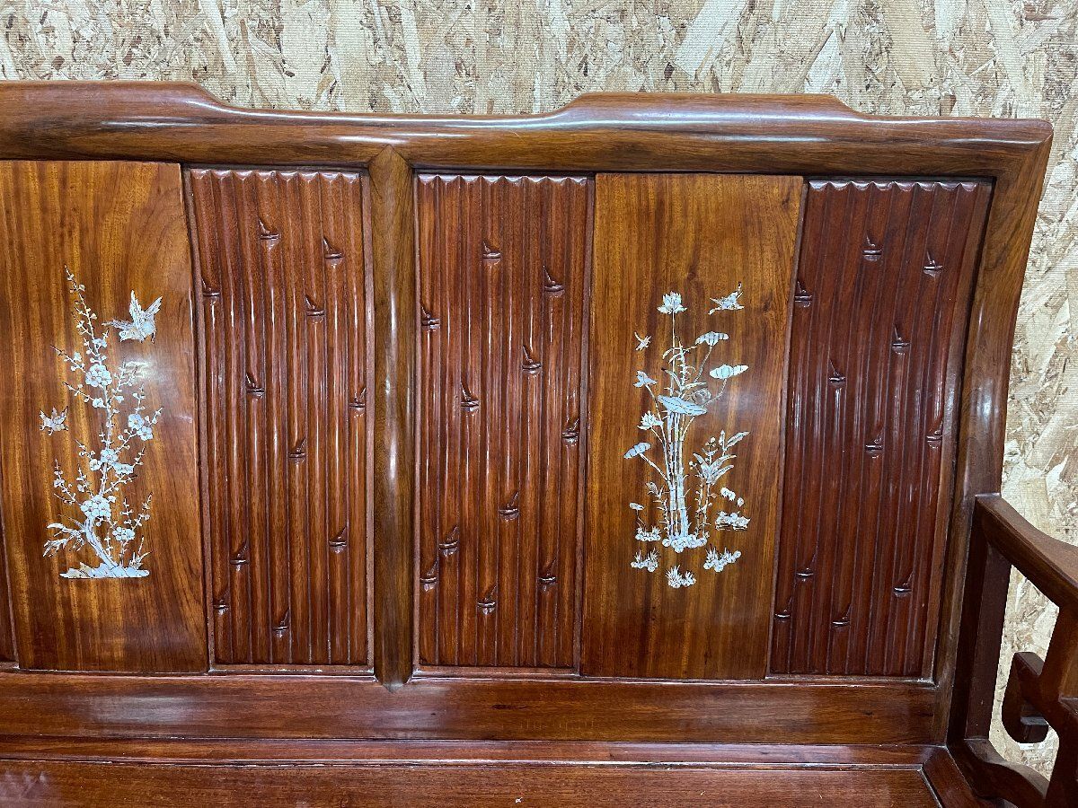 引き取り□花梨 唐木 螺鈿細工 ソファベンチ イス 長椅子 木製