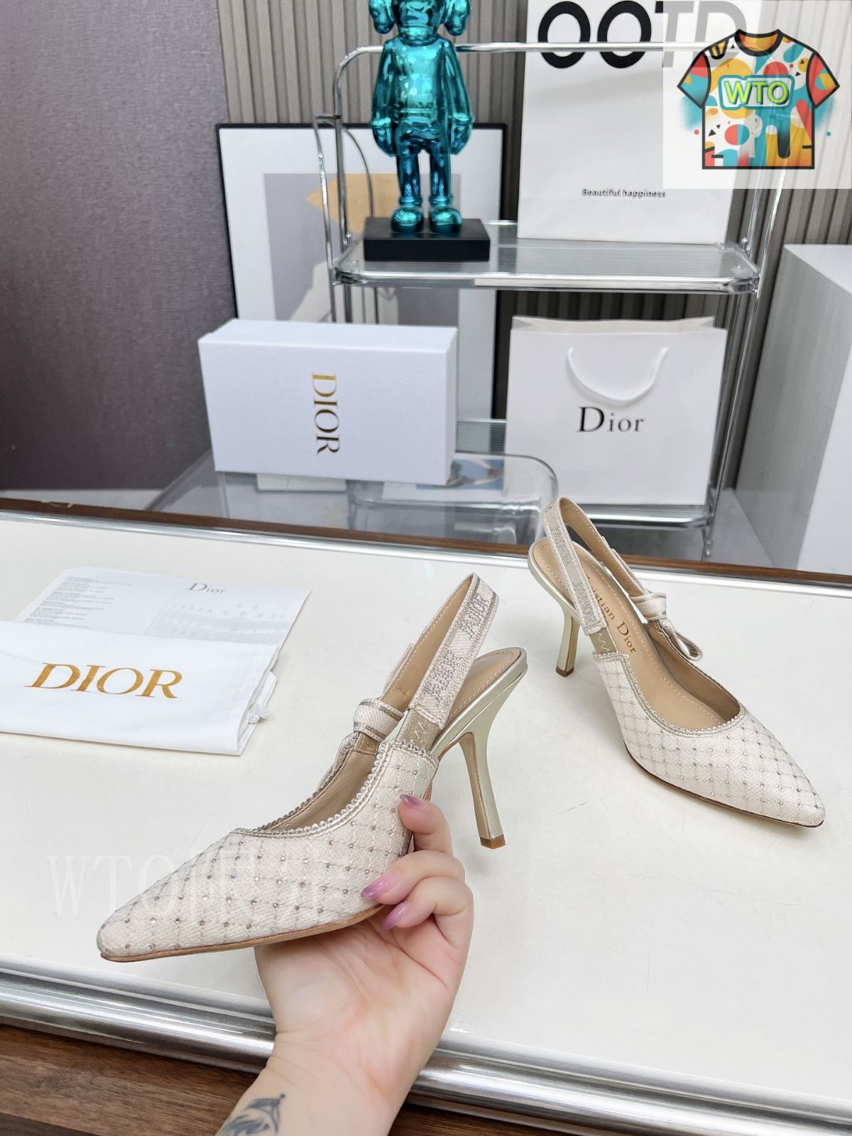 Dior 刺繍ハイヒール アルファベットロゴリボンサンダル03-2