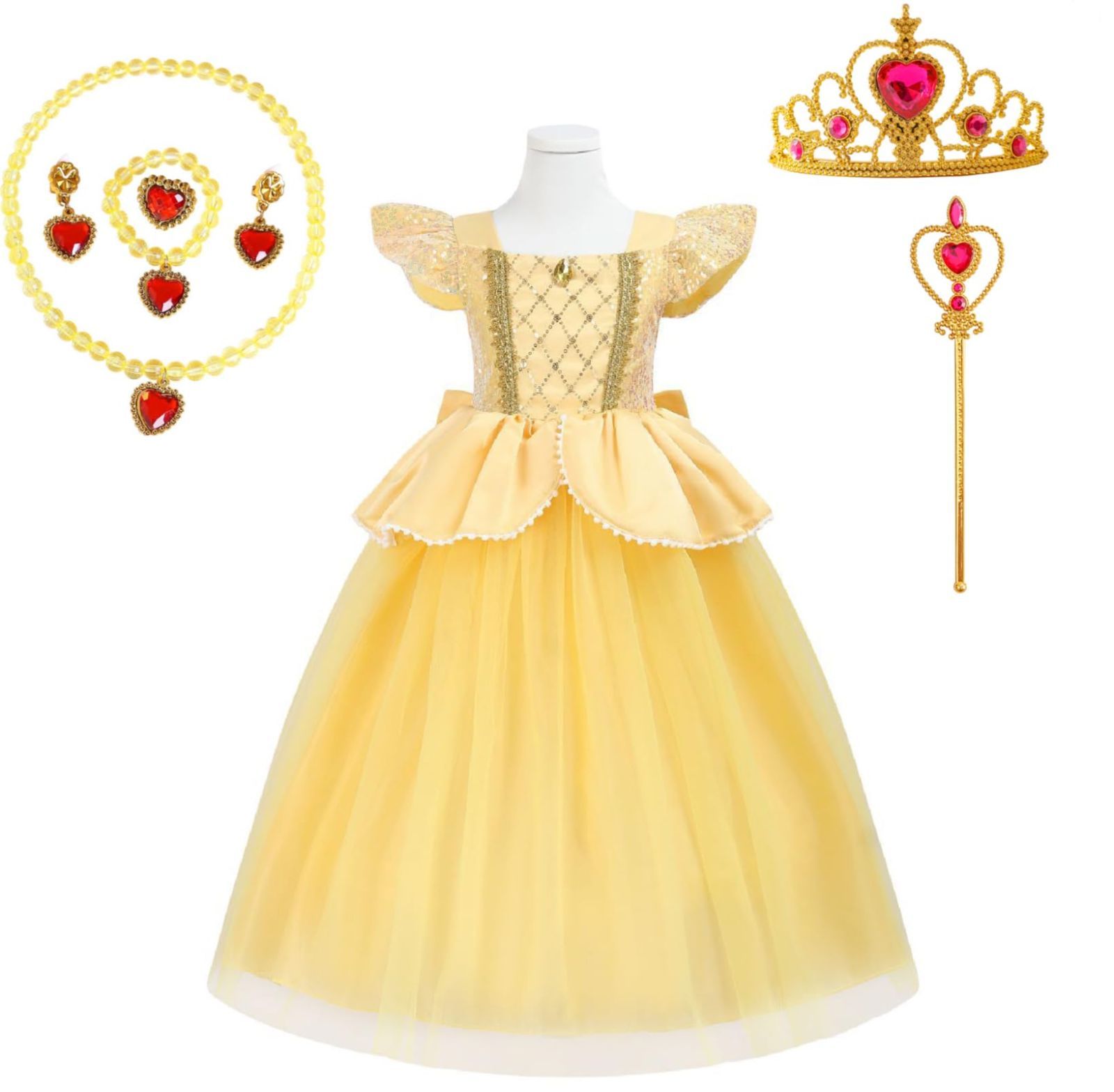 【人気商品】プリンセス ドレス 子供ドレス かわいい コスプレ衣装黄色のフライングスリーブのプリンセスドレス [HTPARY] 子供服 クラウン魔法の杖グローブネックレスリング付き キッズ ド