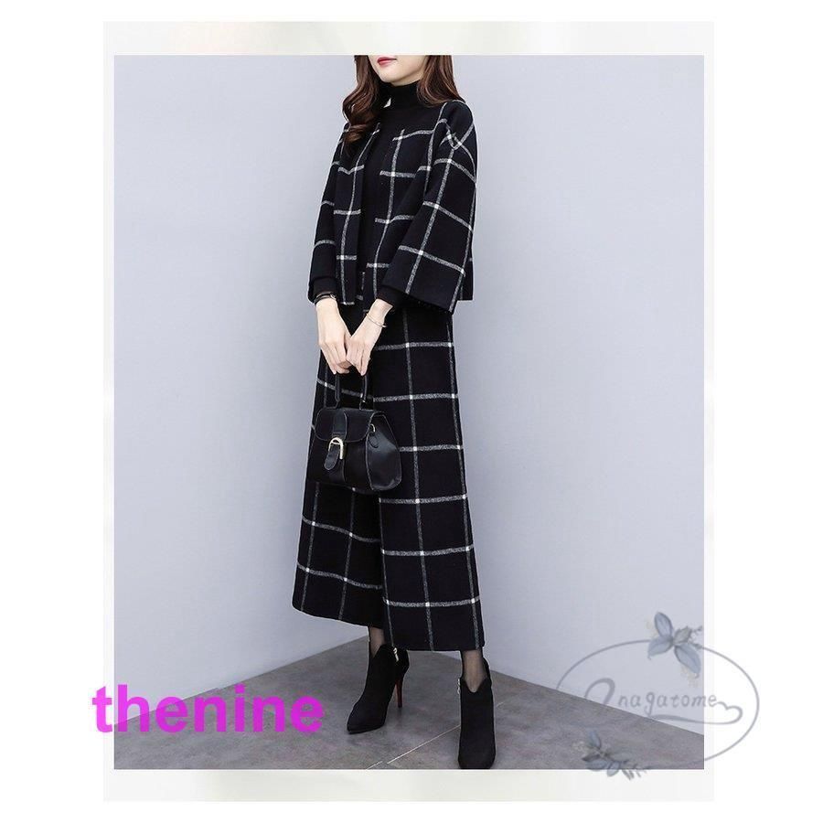 セットアップ秋冬パンツスーツレディース50代卒業式服母ワイドパンツおしゃれママフォーマル入学式ジャケット通勤OLチェック柄母親3点セッ