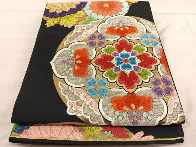 平和屋着物◎六通柄袋帯 唐織 花丸文 黒地 金銀糸 正絹 逸品